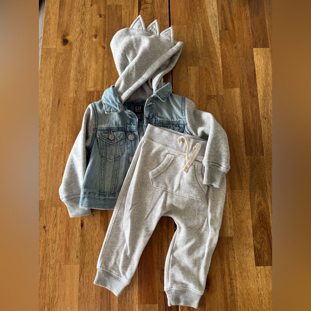 GAP Kids Blue Denim Jacket with Gray Dino Hood